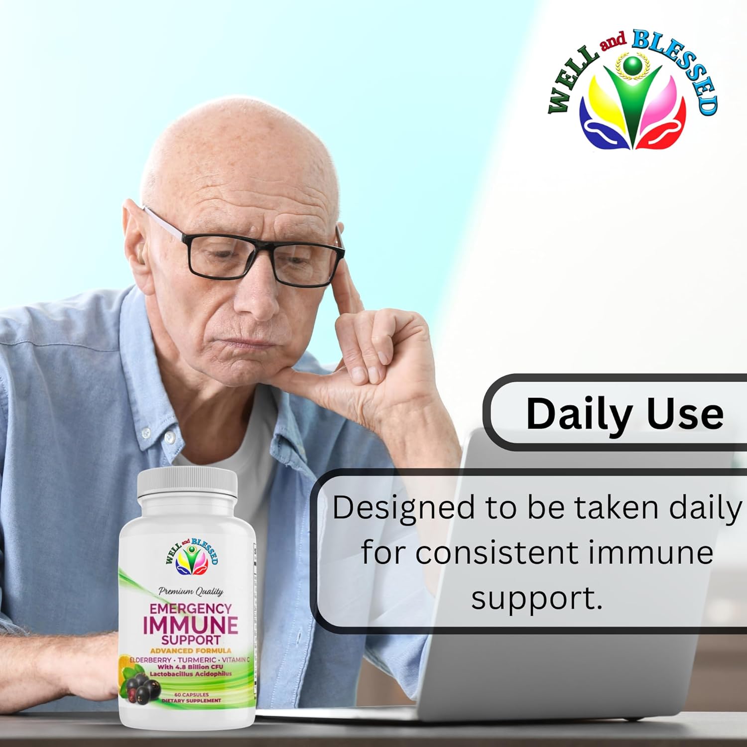 60 Capsules Well and Blessed Advanced Emergency Immune Support with Elderberry, Turmeric, Vitamin C - Vegan Formula without Artificial Additives