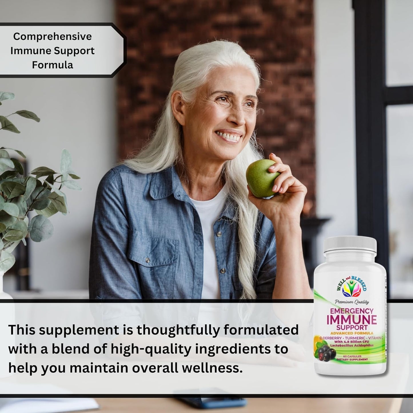 60 Capsules Well and Blessed Advanced Emergency Immune Support with Elderberry, Turmeric, Vitamin C - Vegan Formula without Artificial Additives