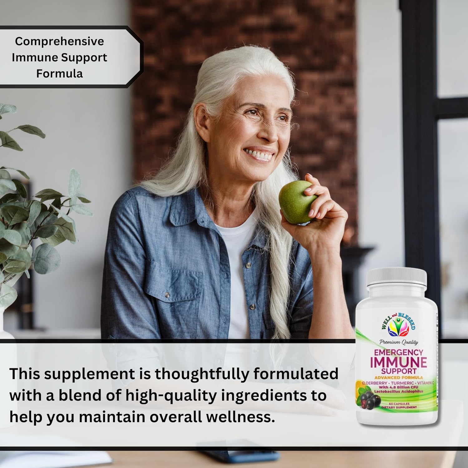 60 Capsules Well and Blessed Advanced Emergency Immune Support with Elderberry, Turmeric, Vitamin C - Vegan Formula without Artificial Additives