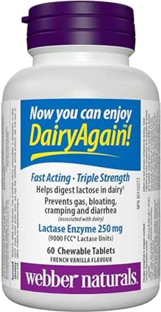 60 Chewable Tabs of Webber Naturals Dairy Again Lactase Enzyme