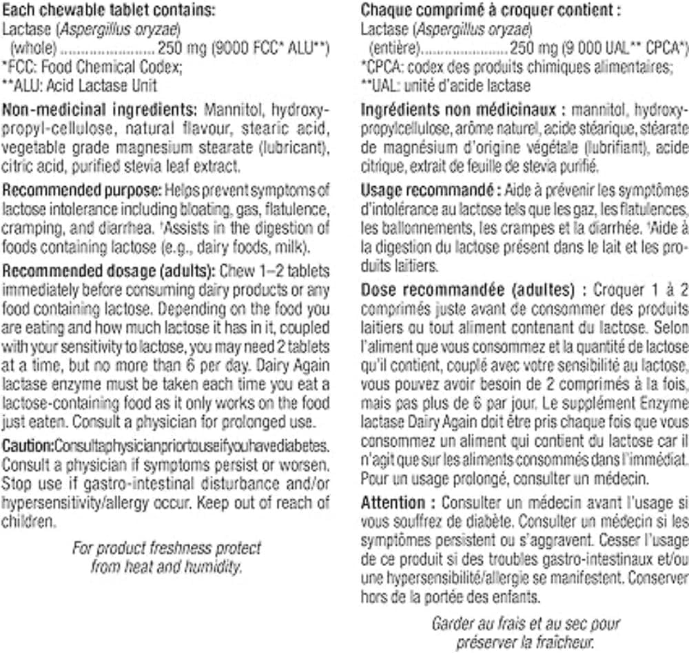 60 Chewable Tabs of Webber Naturals Dairy Again Lactase Enzyme