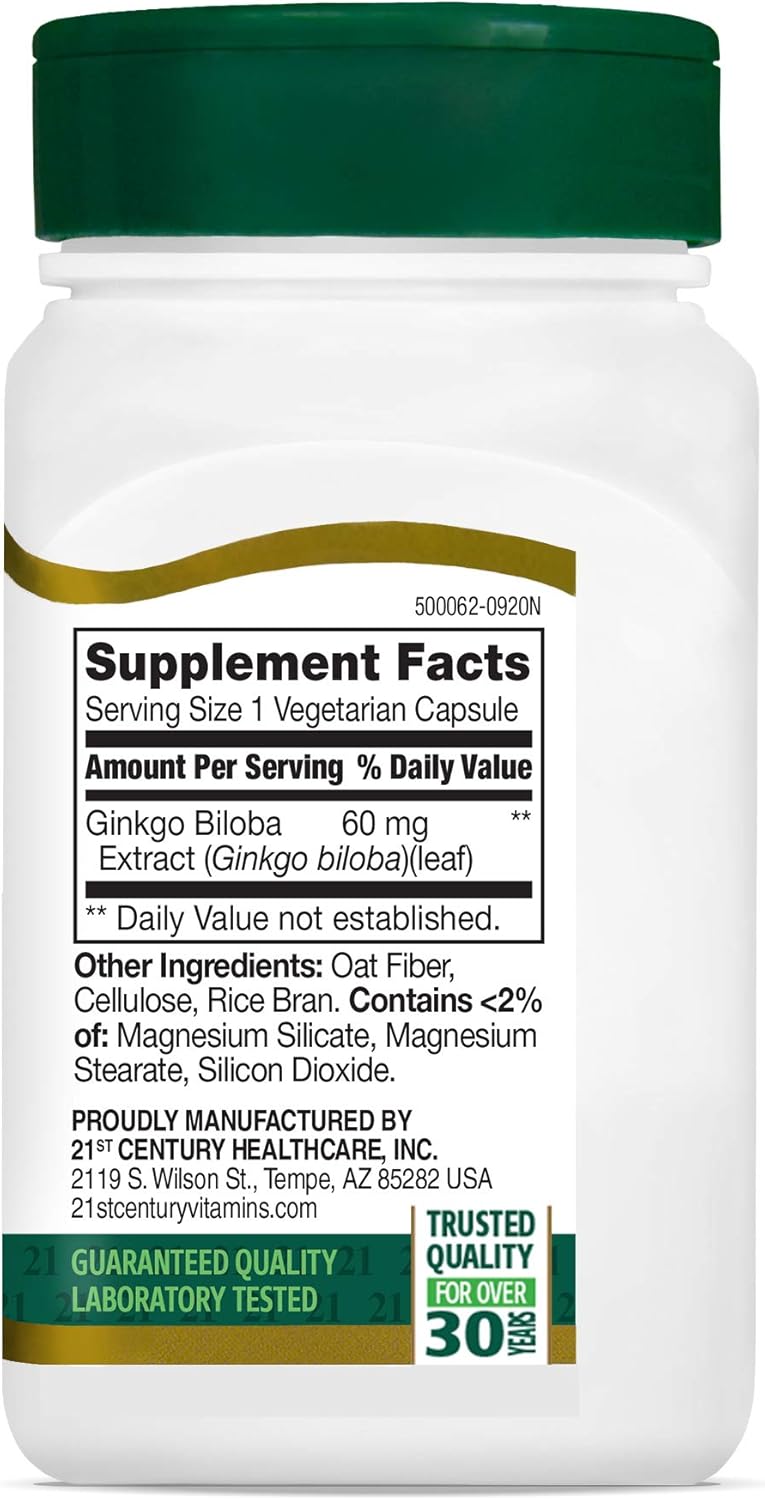60 Count 21st Century Ginkgo Biloba Extract Vegetarian Capsules for Cognitive Support