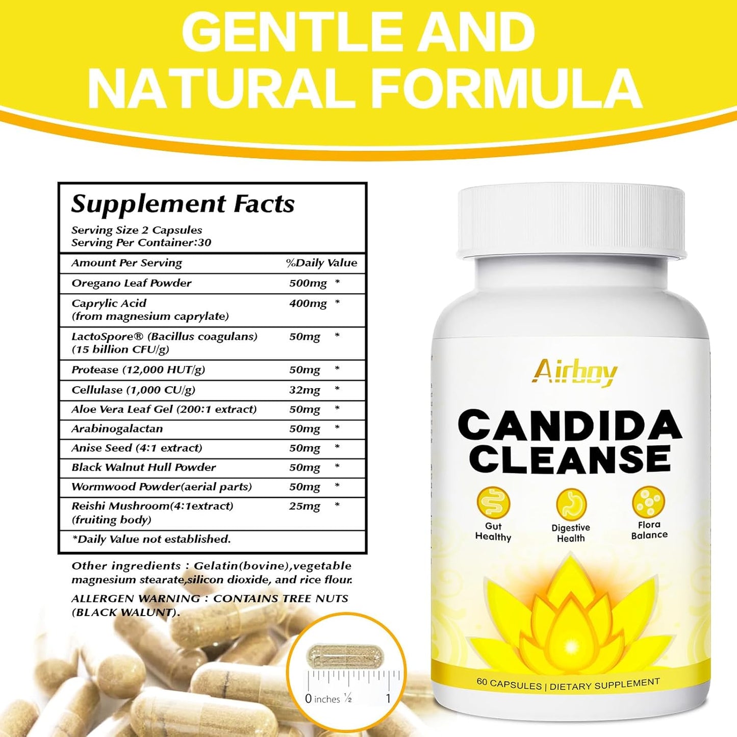 60 Count Airboy Candi Cleanse for Women & Men - Gut Colon Cleanse Detox with Oregano Leaf, Caprylic Acid, Wormwood, Black Walnut Support
