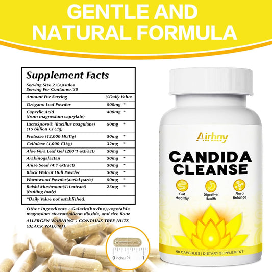 60 Count Airboy Candi Cleanse for Women & Men - Gut Colon Cleanse Detox with Oregano Leaf, Caprylic Acid, Wormwood, Black Walnut Support