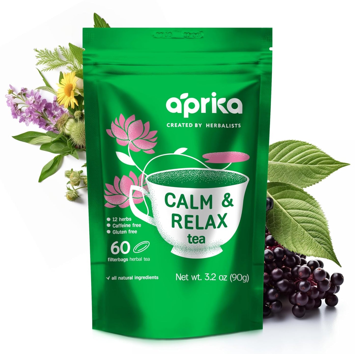 60 Count Aprikalife Herbal Tea Bags with Chamomile, Peppermint, and Lavender - Relaxing and Soothing Herbal Blend for Calmness and Serenity
