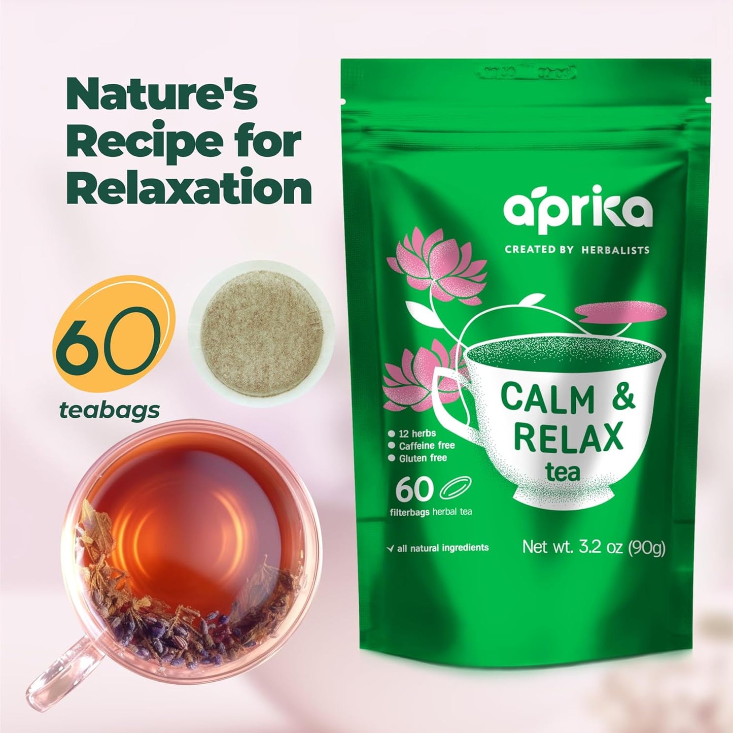 60 Count Aprikalife Herbal Tea Bags with Chamomile, Peppermint, and Lavender - Relaxing and Soothing Herbal Blend for Calmness and Serenity