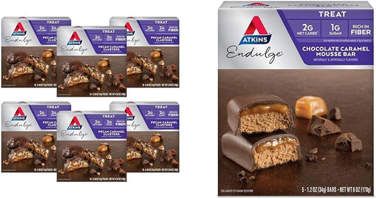 60 Count Atkins Pecan Caramel Clusters & 5 Count Chocolate Caramel Mousse Bars - Delicious Low Sugar Dessert Bundle
