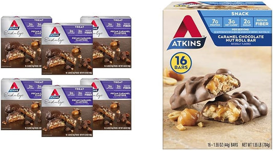 60 Count Atkins Pecan Caramel Clusters with 16 Count Caramel Chocolate Nut Roll Snack Bar