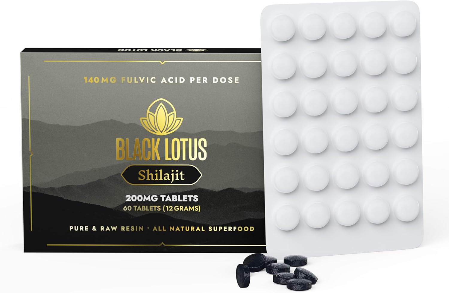 60 Count Black Lotus Shilajit Resin Tablets - 200mg Pure Natural Shilajit for Men & Women - Amino Acids, Fulvic Acid, Trace Minerals - Immune Support, Focus, Energy