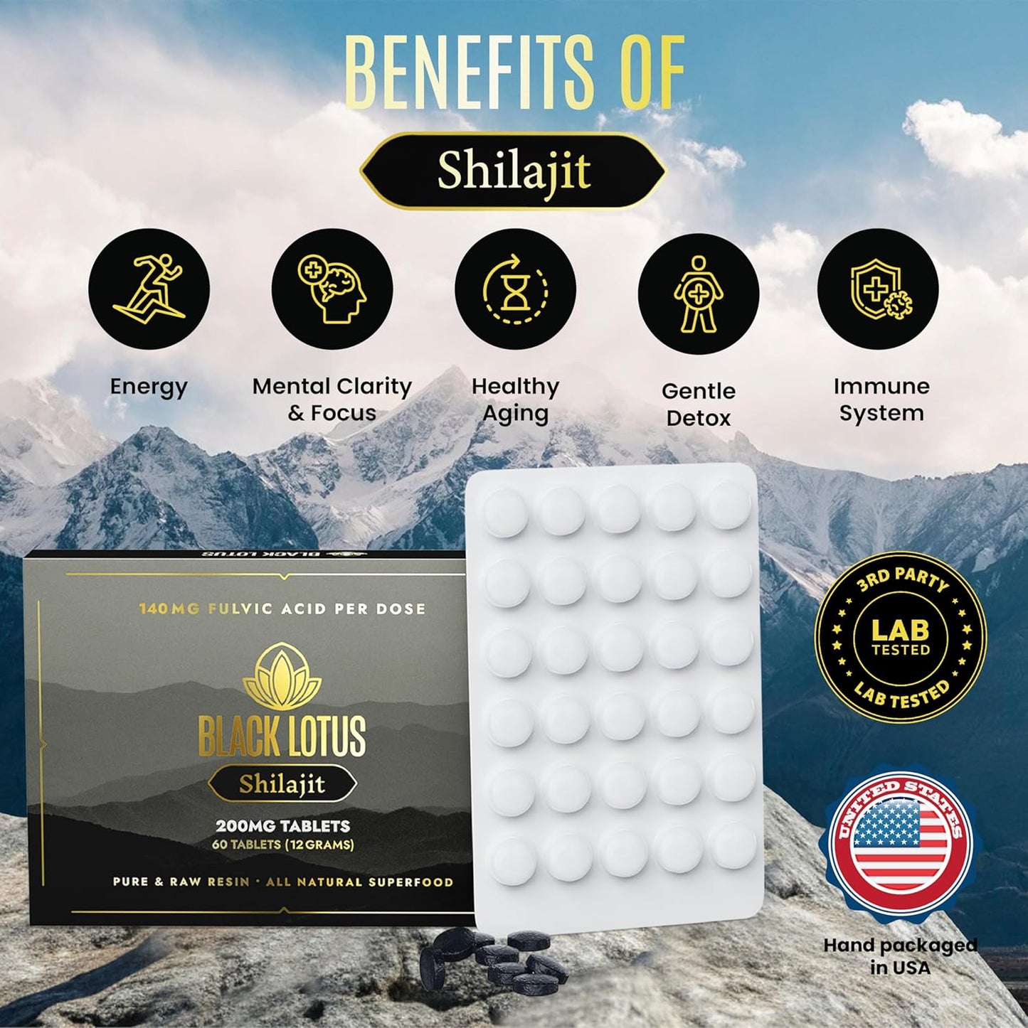 60 Count Black Lotus Shilajit Resin Tablets - 200mg Pure Natural Shilajit for Men & Women - Amino Acids, Fulvic Acid, Trace Minerals - Immune Support, Focus, Energy