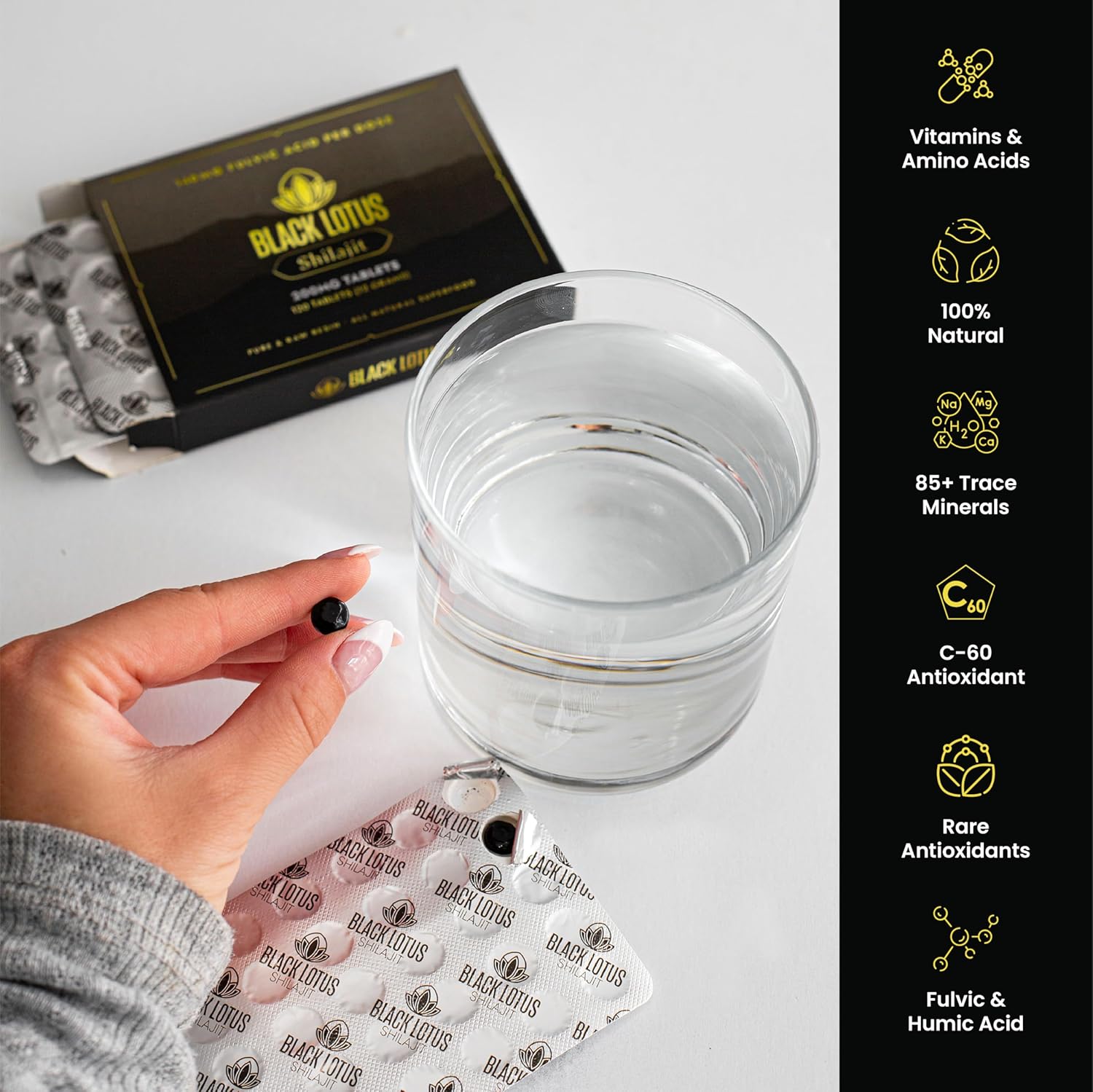 60 Count Black Lotus Shilajit Resin Tablets - 200mg Pure Natural Shilajit for Men & Women - Amino Acids, Fulvic Acid, Trace Minerals - Immune Support, Focus, Energy