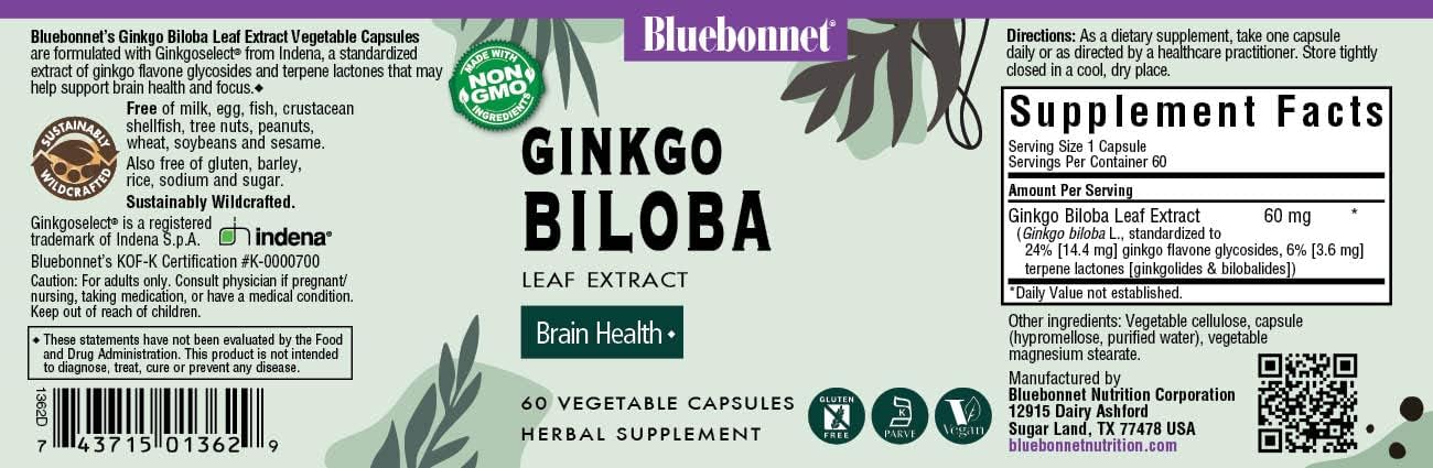 60 Count BlueBonnet Ginkgo Biloba Leaf Extract Capsules for Cognitive Support
