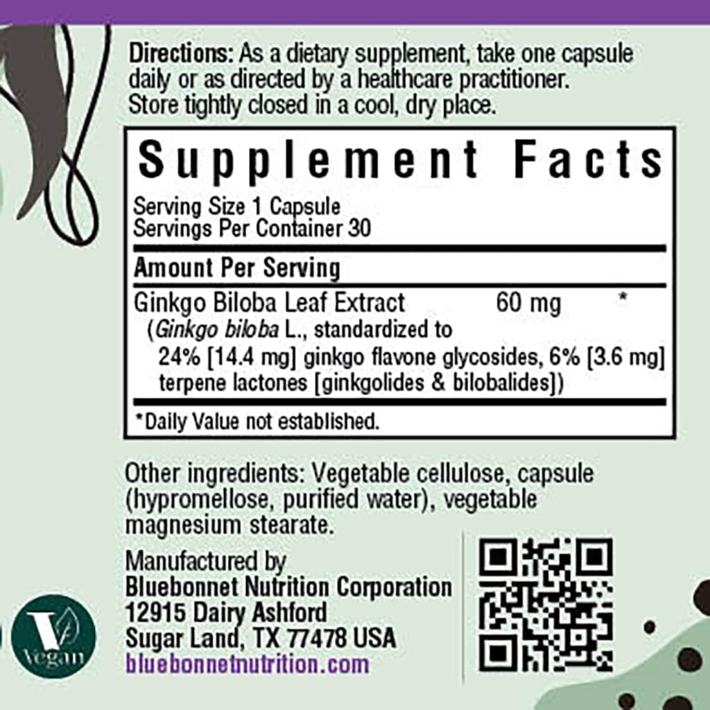 60 Count BlueBonnet Ginkgo Biloba Leaf Extract Capsules for Cognitive Support