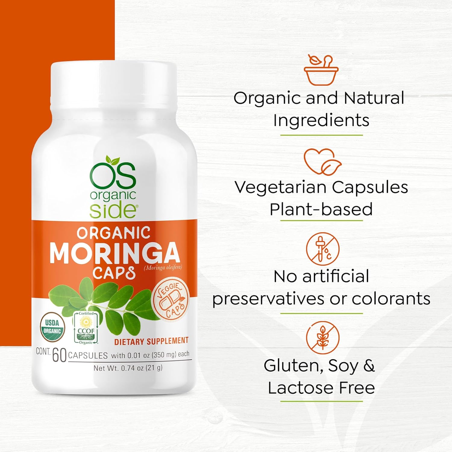 60 Count Certified USDA Organic Moringa Capsules for Energy, Immune Support, Nutrient Absorption | Non-GMO, Vegan Superfood