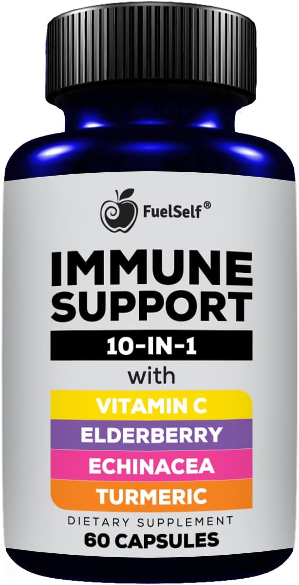 60 Count FuelSelf Immune Support Booster Supplement with Elderberry, Vitamin C, Echinacea, Turmeric, Zinc, L-Glutamine, Garlic, Probiotics