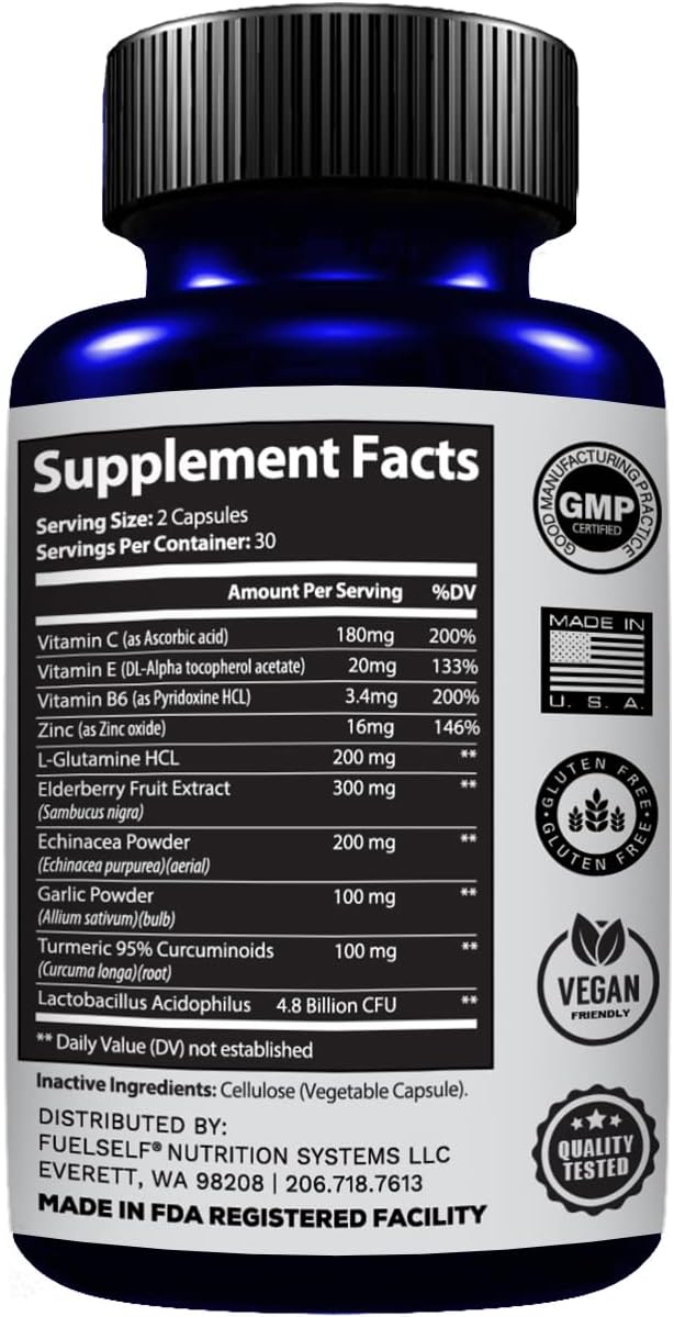 60 Count FuelSelf Immune Support Booster Supplement with Elderberry, Vitamin C, Echinacea, Turmeric, Zinc, L-Glutamine, Garlic, Probiotics