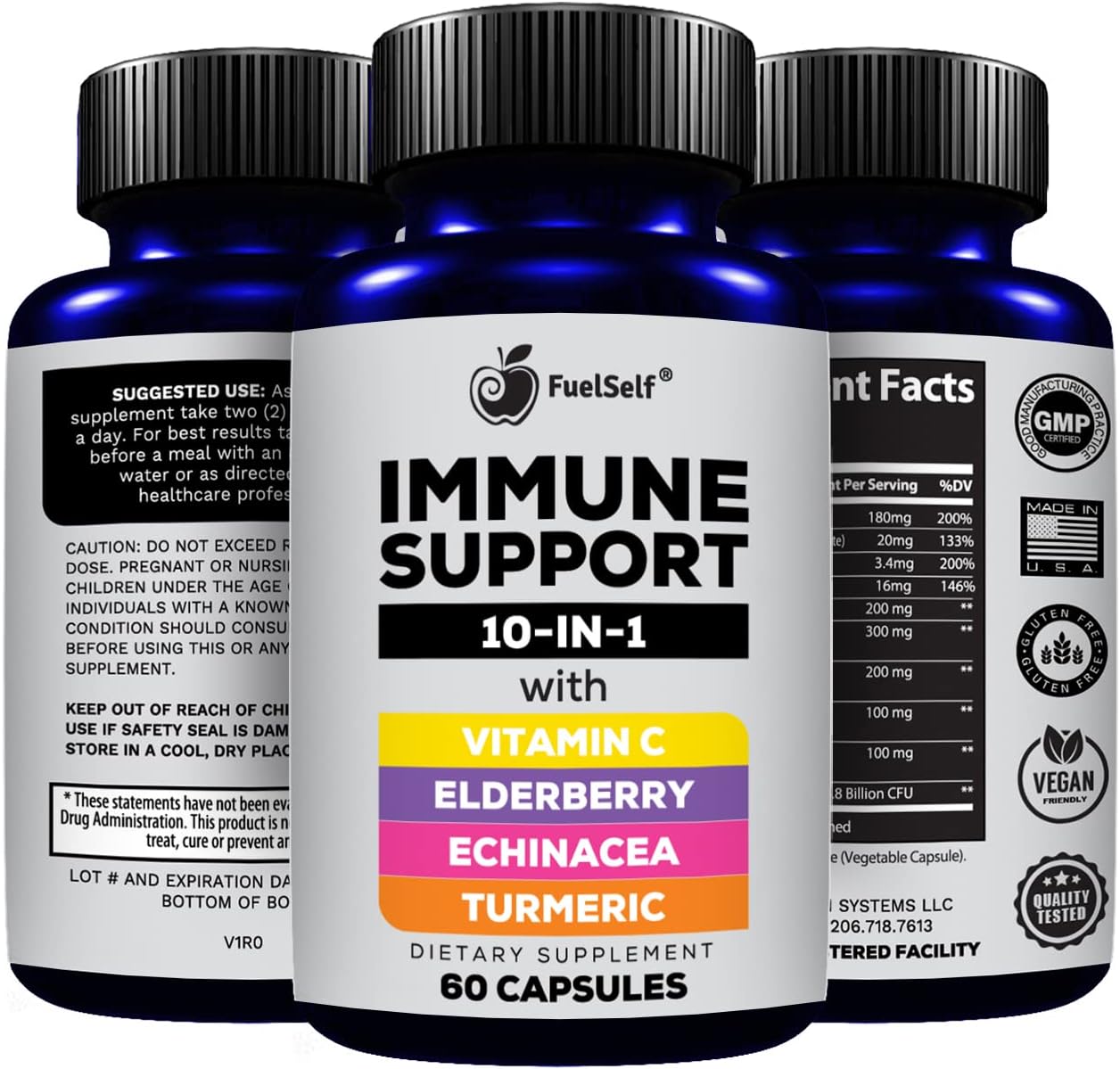 60 Count FuelSelf Immune Support Booster Supplement with Elderberry, Vitamin C, Echinacea, Turmeric, Zinc, L-Glutamine, Garlic, Probiotics
