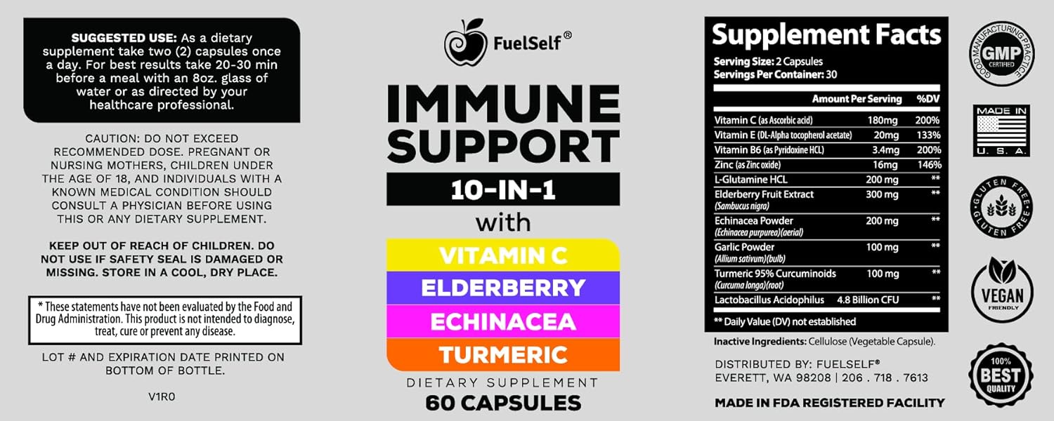 60 Count FuelSelf Immune Support Booster Supplement with Elderberry, Vitamin C, Echinacea, Turmeric, Zinc, L-Glutamine, Garlic, Probiotics