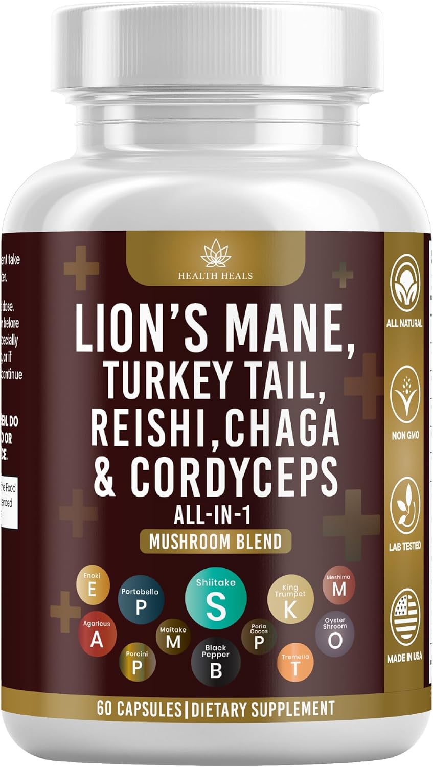60 Count Health Heals Mushroom Supplement with Lion's Mane, Turkey Tail, Reishi, Cordyceps, Chaga, and Marshmallow Root