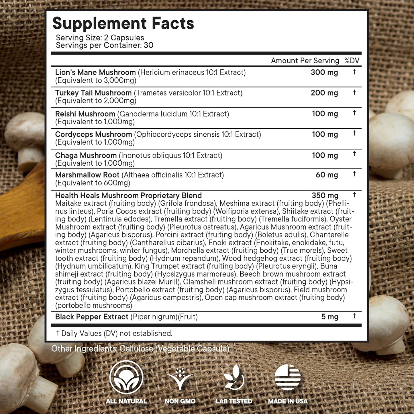 60 Count Health Heals Mushroom Supplement with Lion's Mane, Turkey Tail, Reishi, Cordyceps, Chaga, and Marshmallow Root