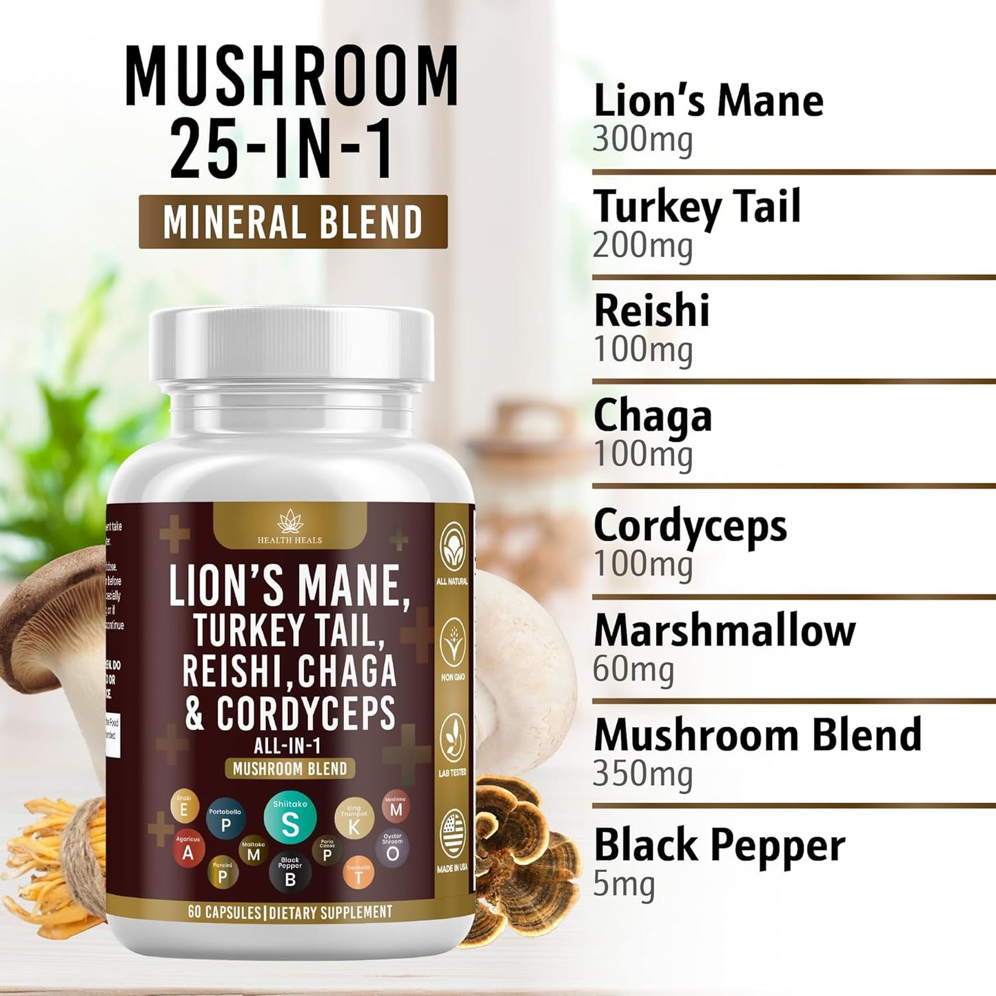 60 Count Health Heals Mushroom Supplement with Lion's Mane, Turkey Tail, Reishi, Cordyceps, Chaga, and Marshmallow Root