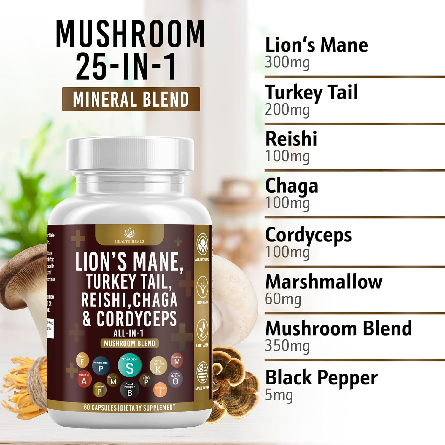 60 Count Health Heals Mushroom Supplement with Lion's Mane, Turkey Tail, Reishi, Cordyceps, Chaga, and Marshmallow Root