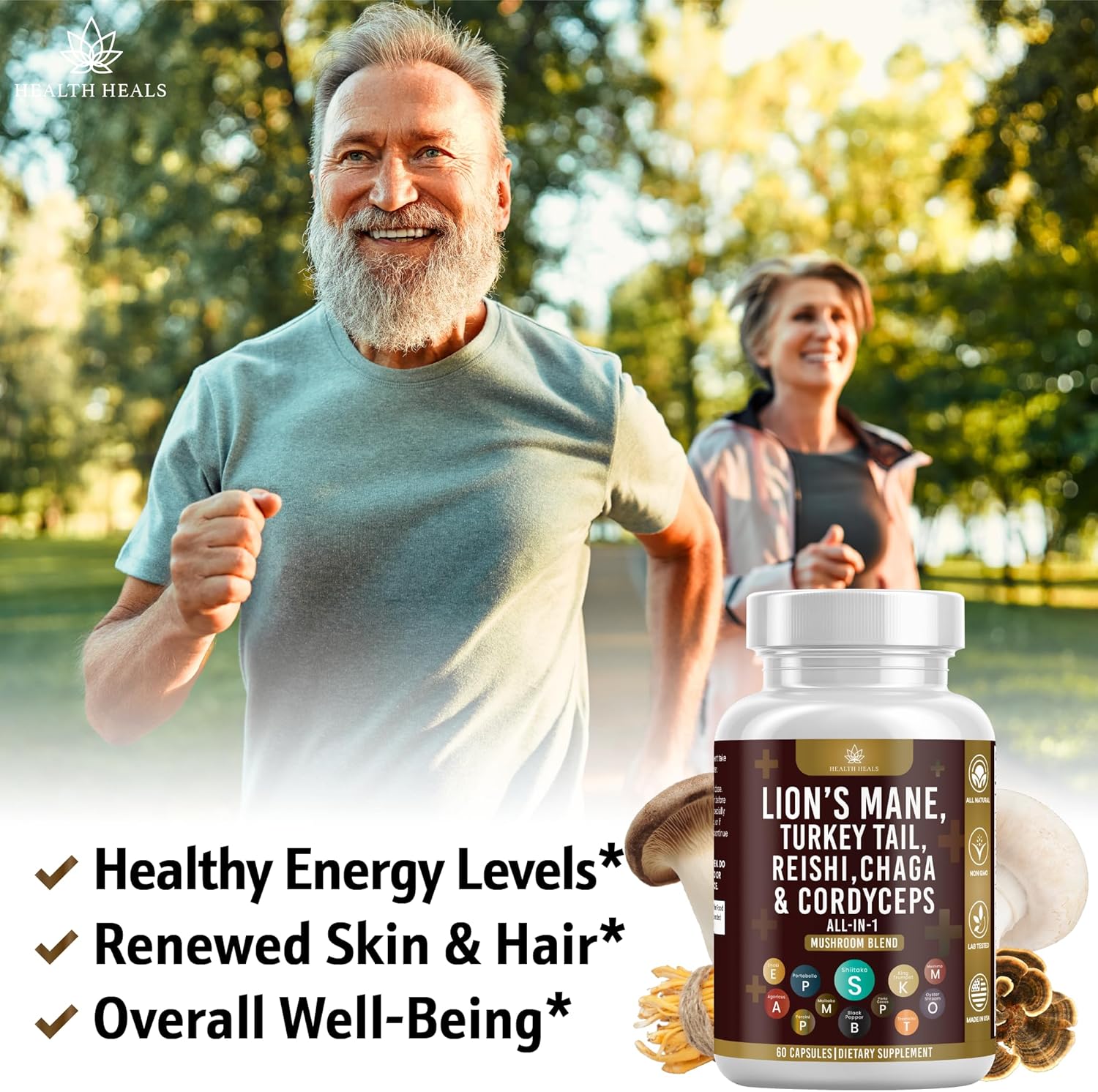 60 Count Health Heals Mushroom Supplement with Lion's Mane, Turkey Tail, Reishi, Cordyceps, Chaga, and Marshmallow Root