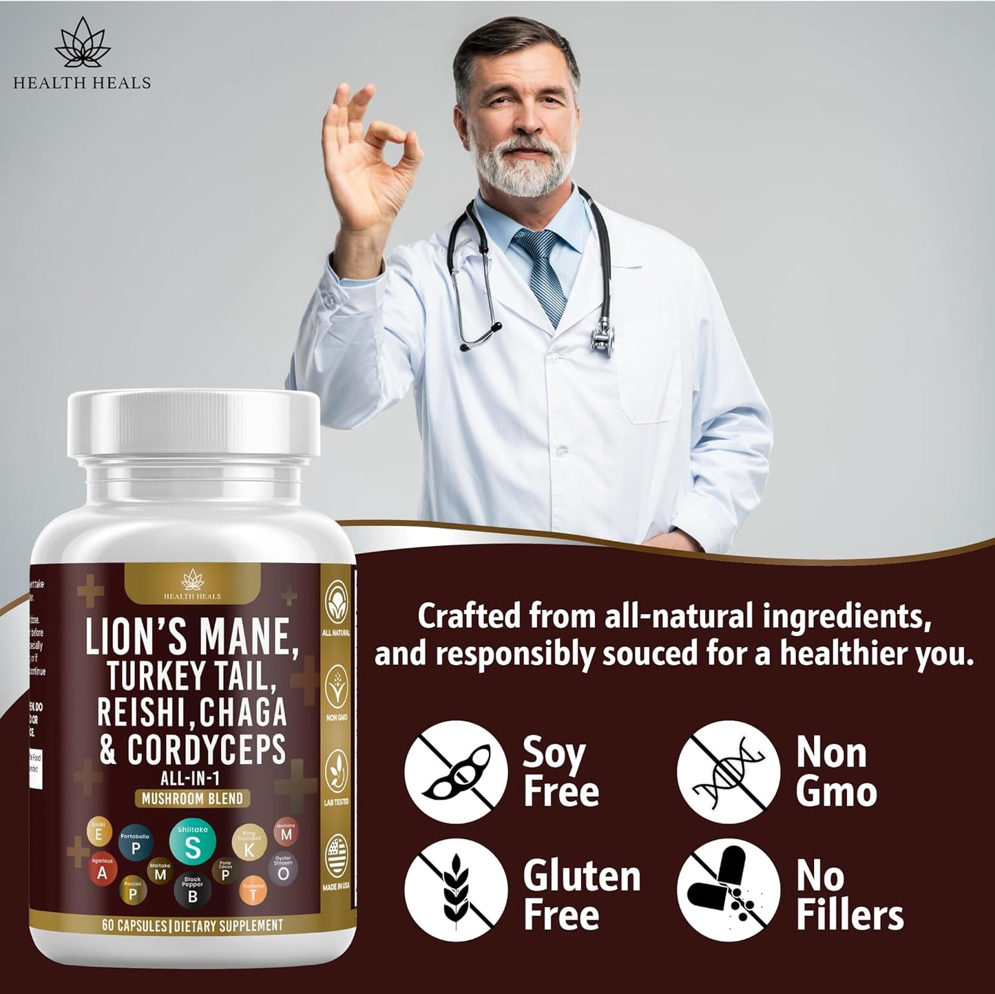 60 Count Health Heals Mushroom Supplement with Lion's Mane, Turkey Tail, Reishi, Cordyceps, Chaga, and Marshmallow Root