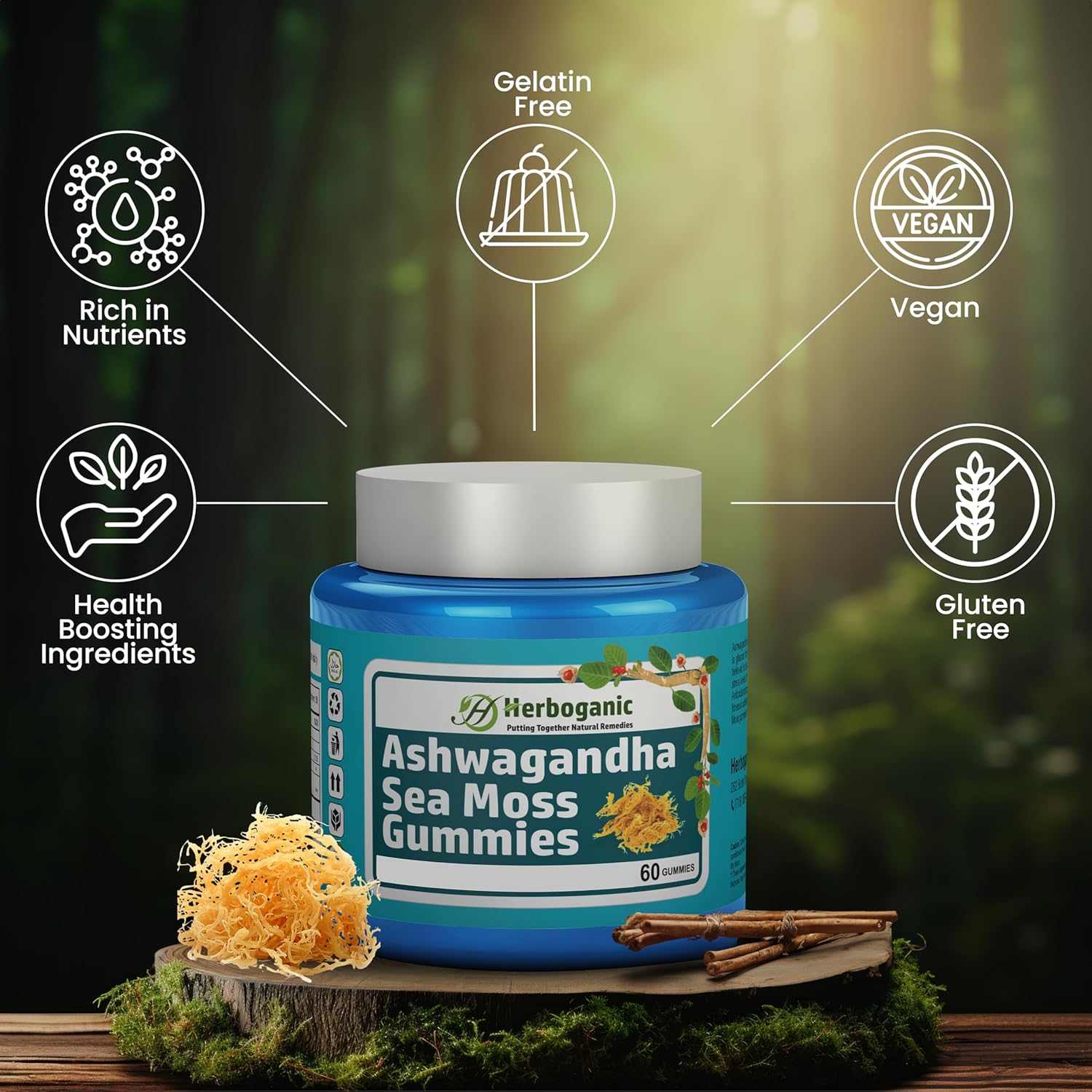 60 Count HERBOGANIC Ashwagandha Sea Moss Gummies for Natural Wellness