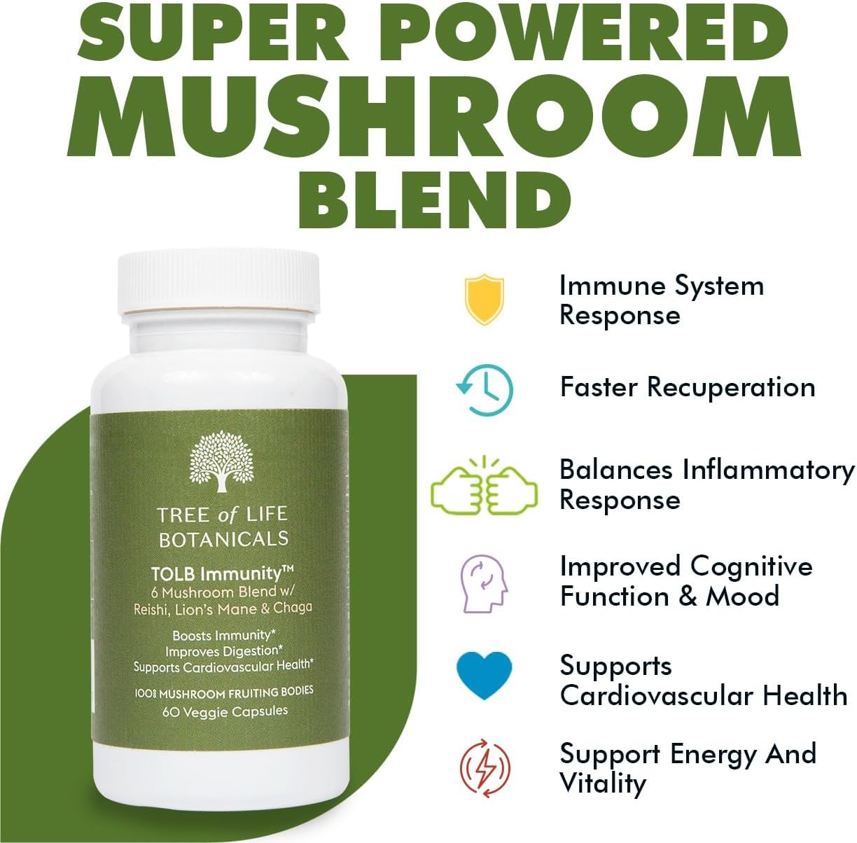 60 Count Immunity Mushroom Complex - Reishi, Lion’s Mane, Chaga, Cordyceps, Turkey Tail, Shiitake - Immune System, Inflammatory Response, Digestion, Brain Support - Tree of Life Botanicals