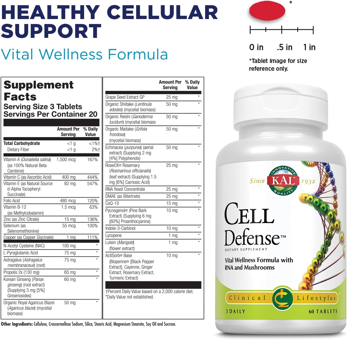 60 Count KAL Cell Defense Tablets for Immune Support and Antioxidant Protection