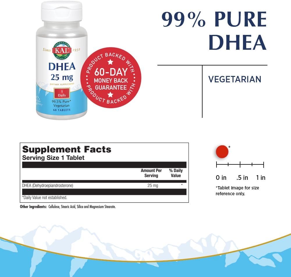 60 Count KAL DHEA Vegetarian Tablets, 25 mg - Natural Hormone Balance Support Supplement
