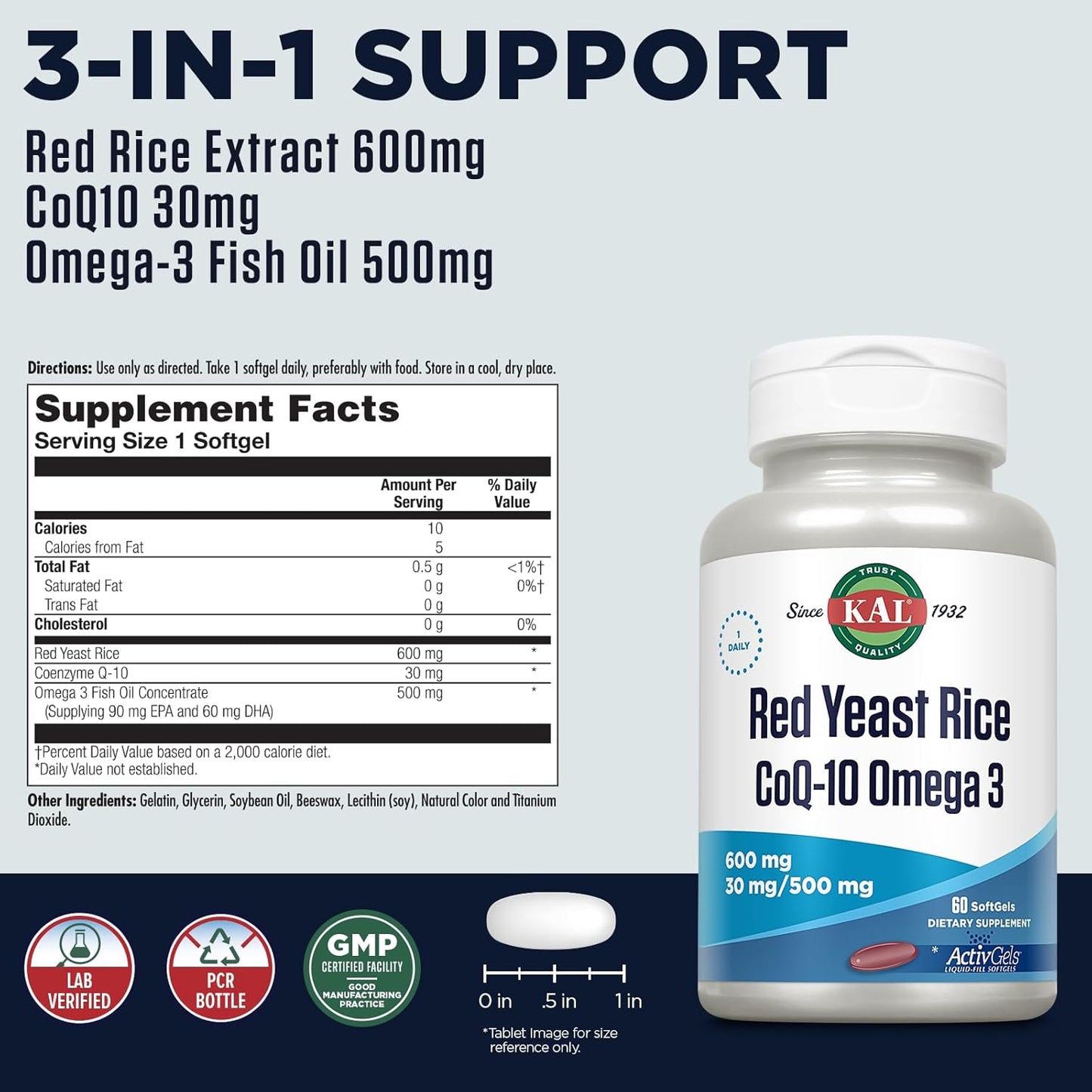 60 Count KAL Red Yeast Rice with COQ10 and Omega 3 Supplement