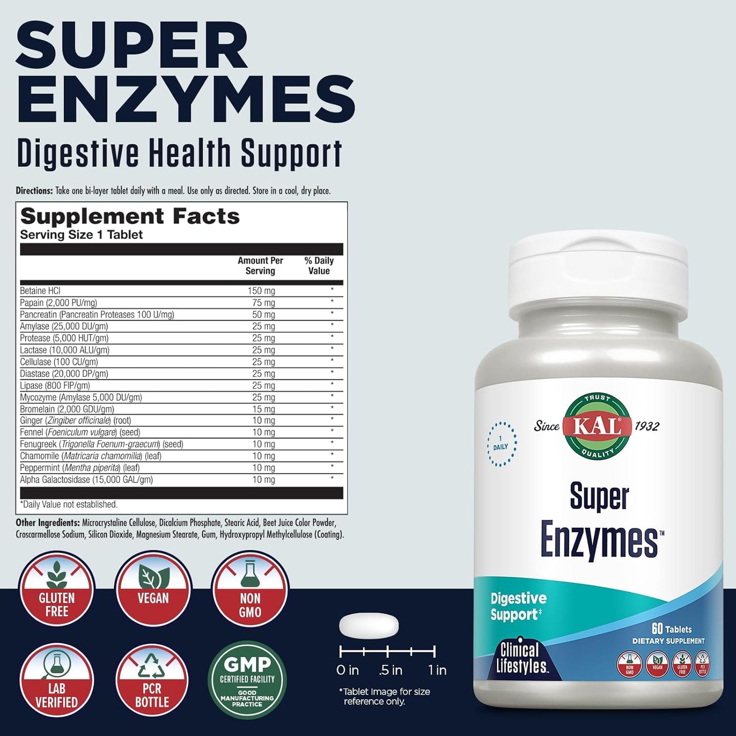 60 Count Kal Super Enzymes Tablets for Digestive Support