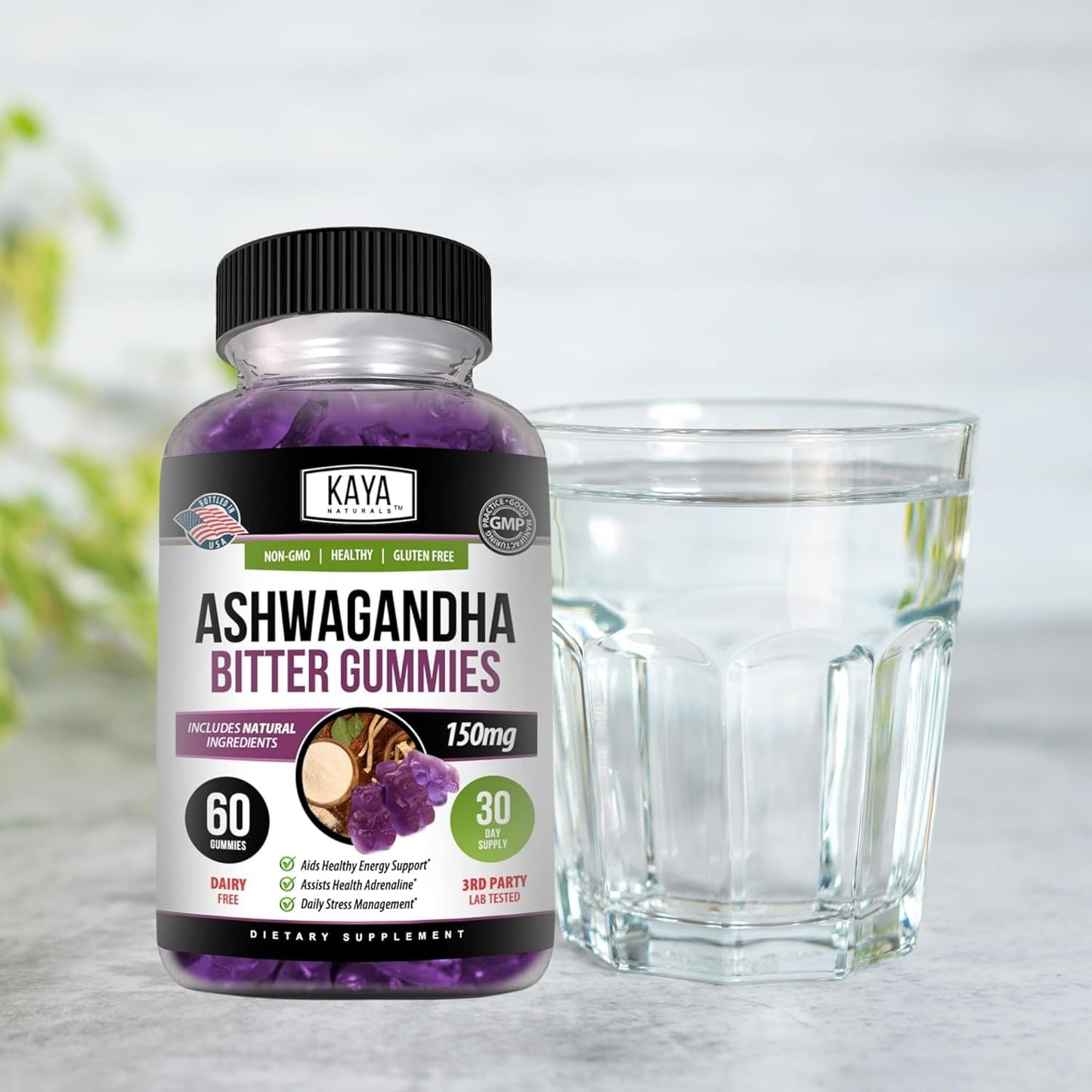 60 Count Kaya Naturals Ashwagandha Bitter Gummies for Natural Stress Relief, Energy & Clarity - Non-GMO, Gluten-Free Chewables