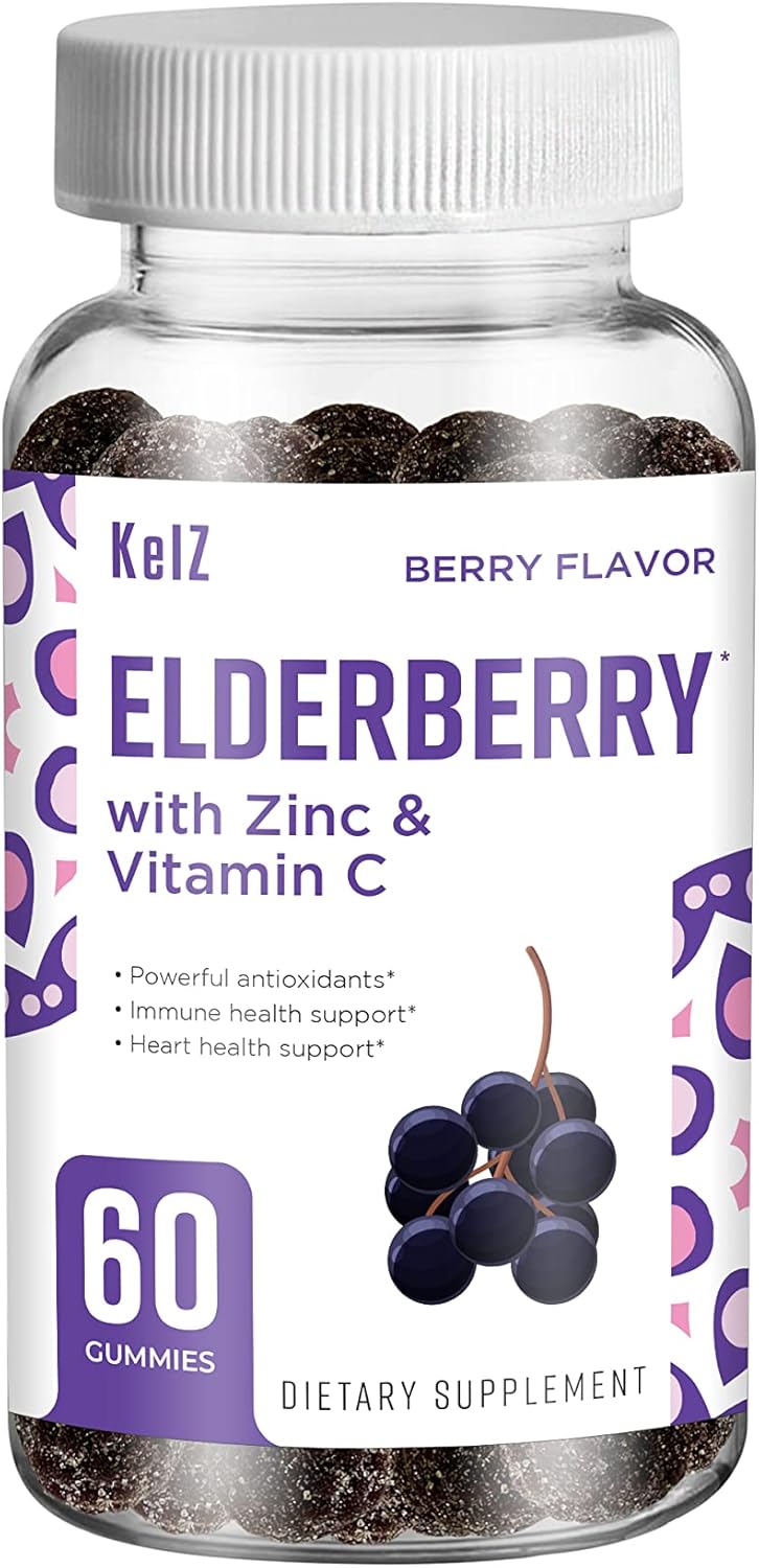 60 Count KelZ Elderberry Supplement Gummies with Zinc & Vitamin C - Berry Flavor Pack of 1