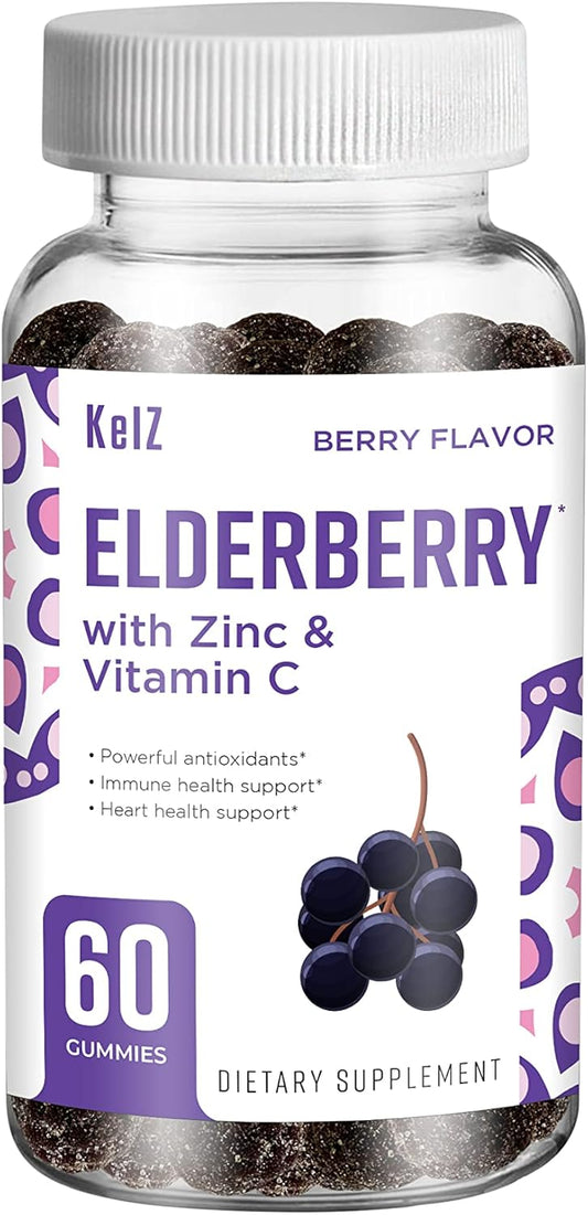 60 Count KelZ Elderberry Supplement Gummies with Zinc & Vitamin C - Berry Flavor Pack of 1