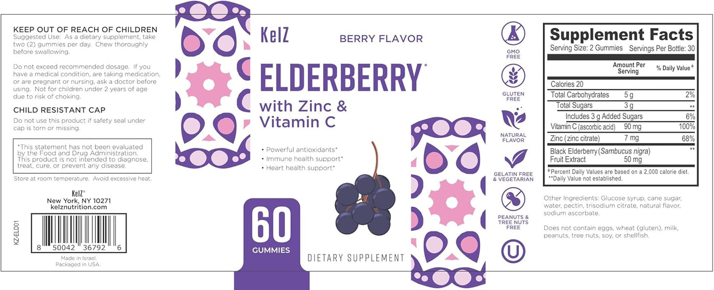60 Count KelZ Elderberry Supplement Gummies with Zinc & Vitamin C - Berry Flavor Pack of 1