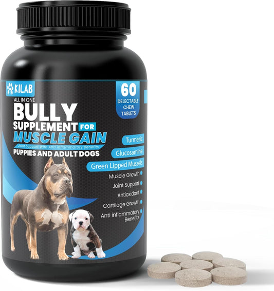 60-Count Kilab Dog Weight Gainer with Muscle Growth Formula for Dogs and Puppies - Supplement with Turmeric, Glucosamine, and Green Lipped Mussels