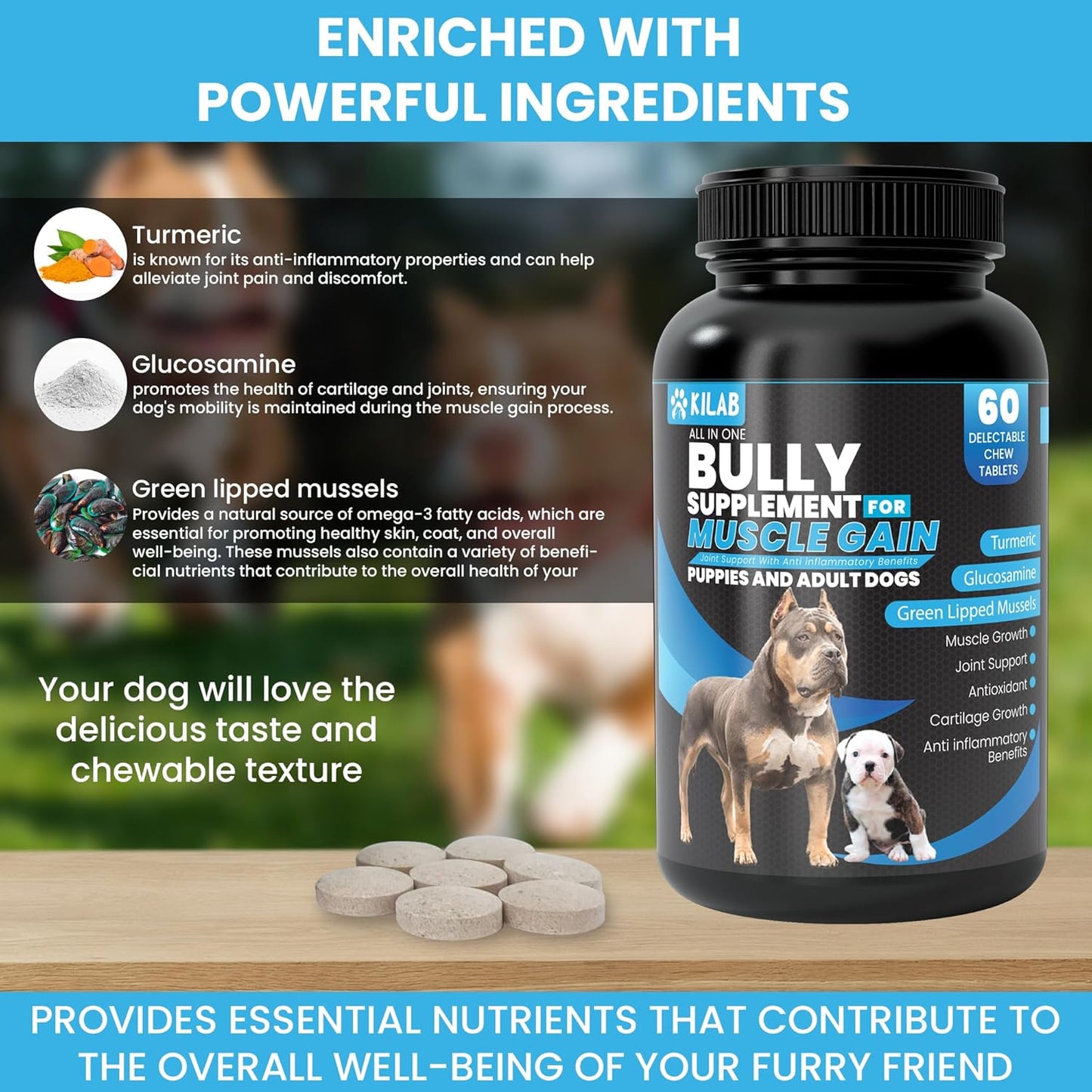 60-Count Kilab Dog Weight Gainer with Muscle Growth Formula for Dogs and Puppies - Supplement with Turmeric, Glucosamine, and Green Lipped Mussels
