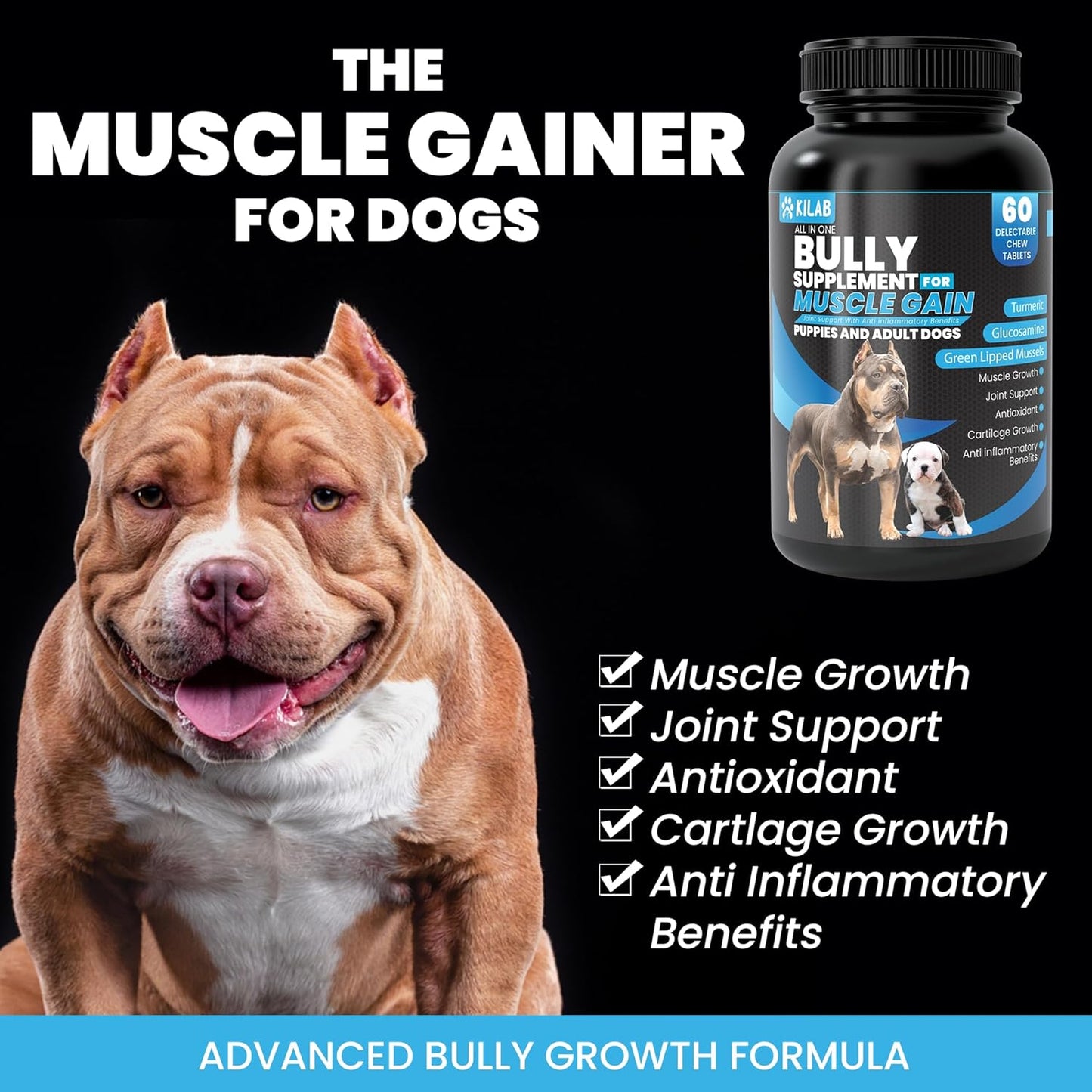 60-Count Kilab Dog Weight Gainer with Muscle Growth Formula for Dogs and Puppies - Supplement with Turmeric, Glucosamine, and Green Lipped Mussels