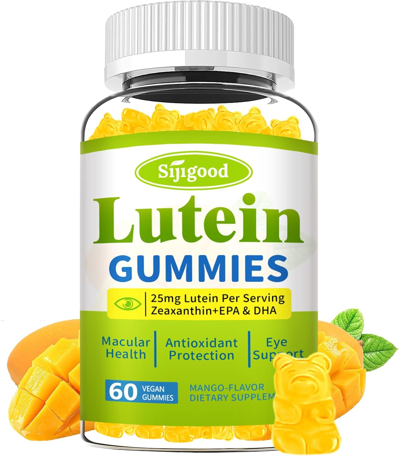 60 Count Mango Flavored Sijigood Lutein Gummies with Zeaxanthin, Omega-3, Bilberry, and Astaxanthin for Eye Health and Vision Support