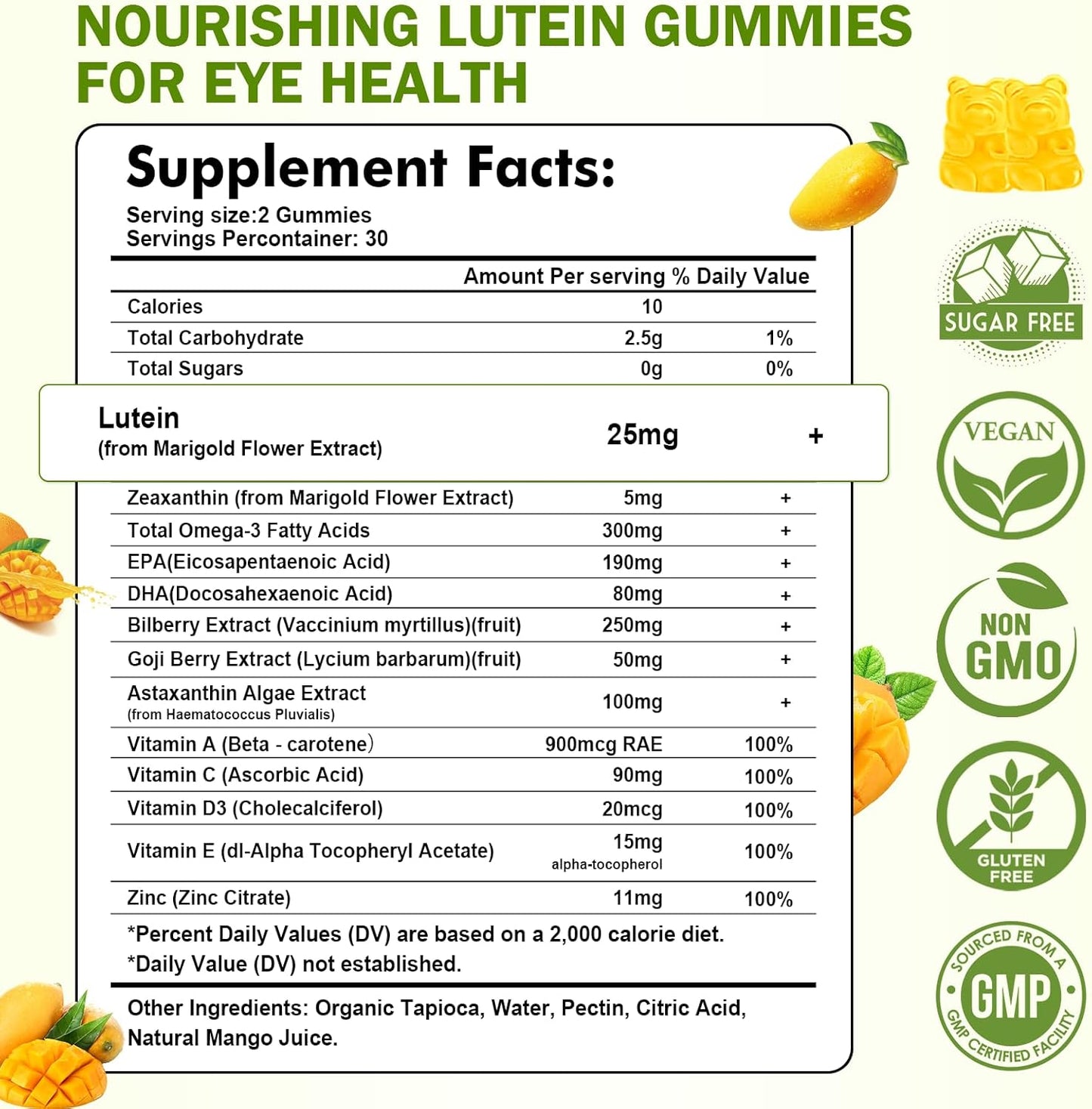 60 Count Mango Flavored Sijigood Lutein Gummies with Zeaxanthin, Omega-3, Bilberry, and Astaxanthin for Eye Health and Vision Support