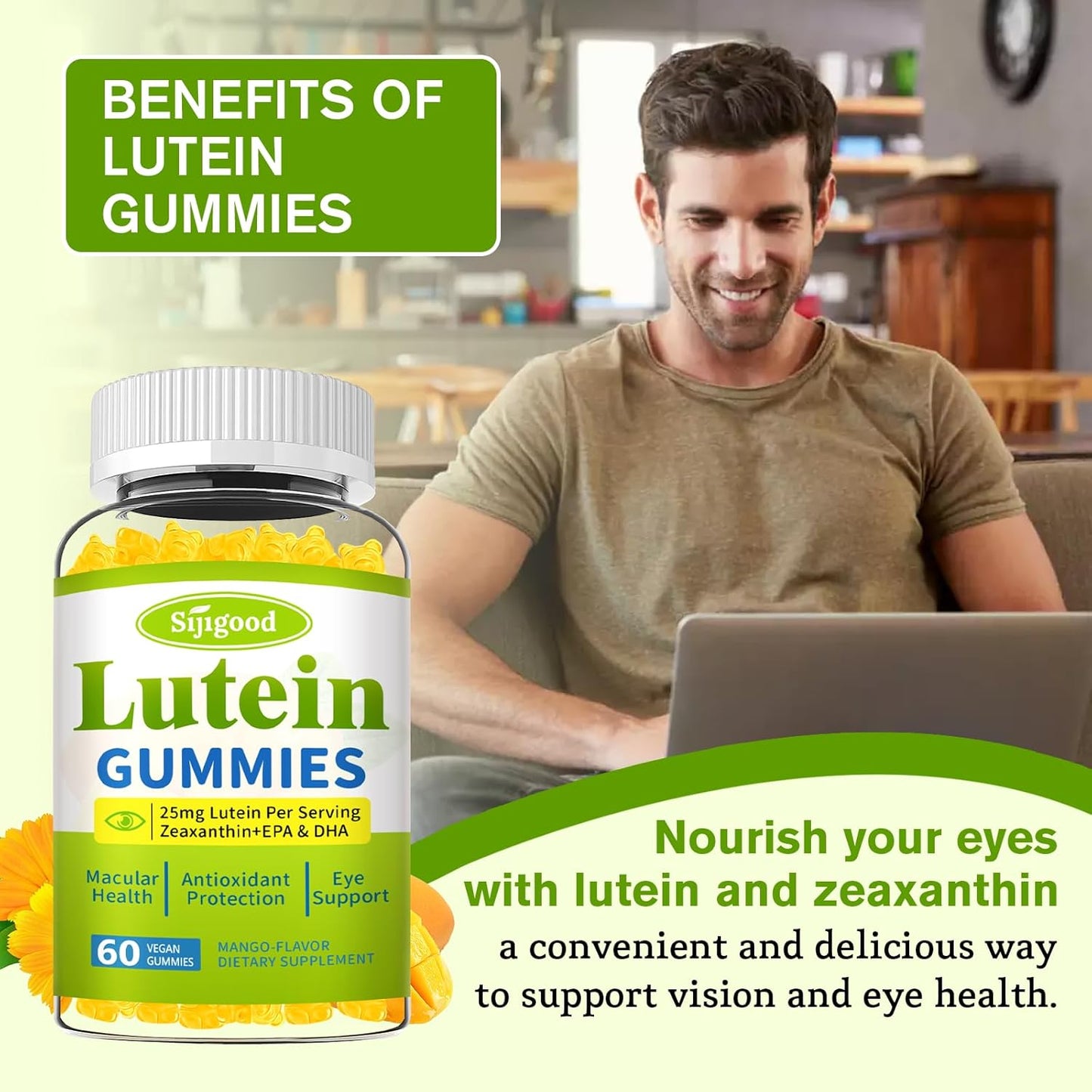 60 Count Mango Flavored Sijigood Lutein Gummies with Zeaxanthin, Omega-3, Bilberry, and Astaxanthin for Eye Health and Vision Support