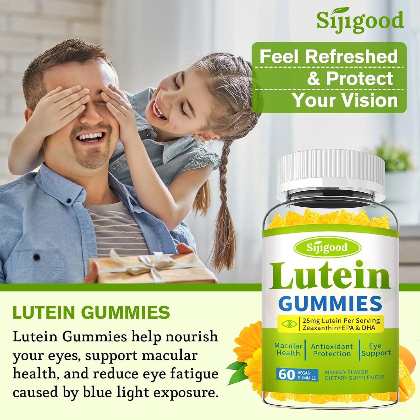 60 Count Mango Flavored Sijigood Lutein Gummies with Zeaxanthin, Omega-3, Bilberry, and Astaxanthin for Eye Health and Vision Support