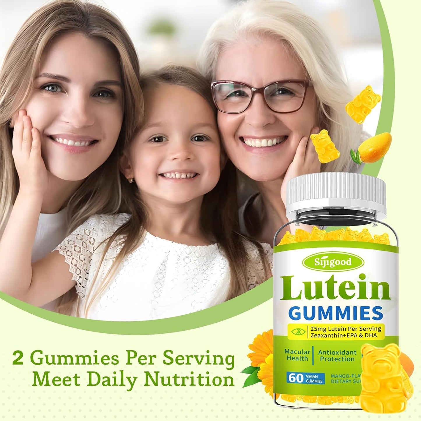 60 Count Mango Flavored Sijigood Lutein Gummies with Zeaxanthin, Omega-3, Bilberry, and Astaxanthin for Eye Health and Vision Support