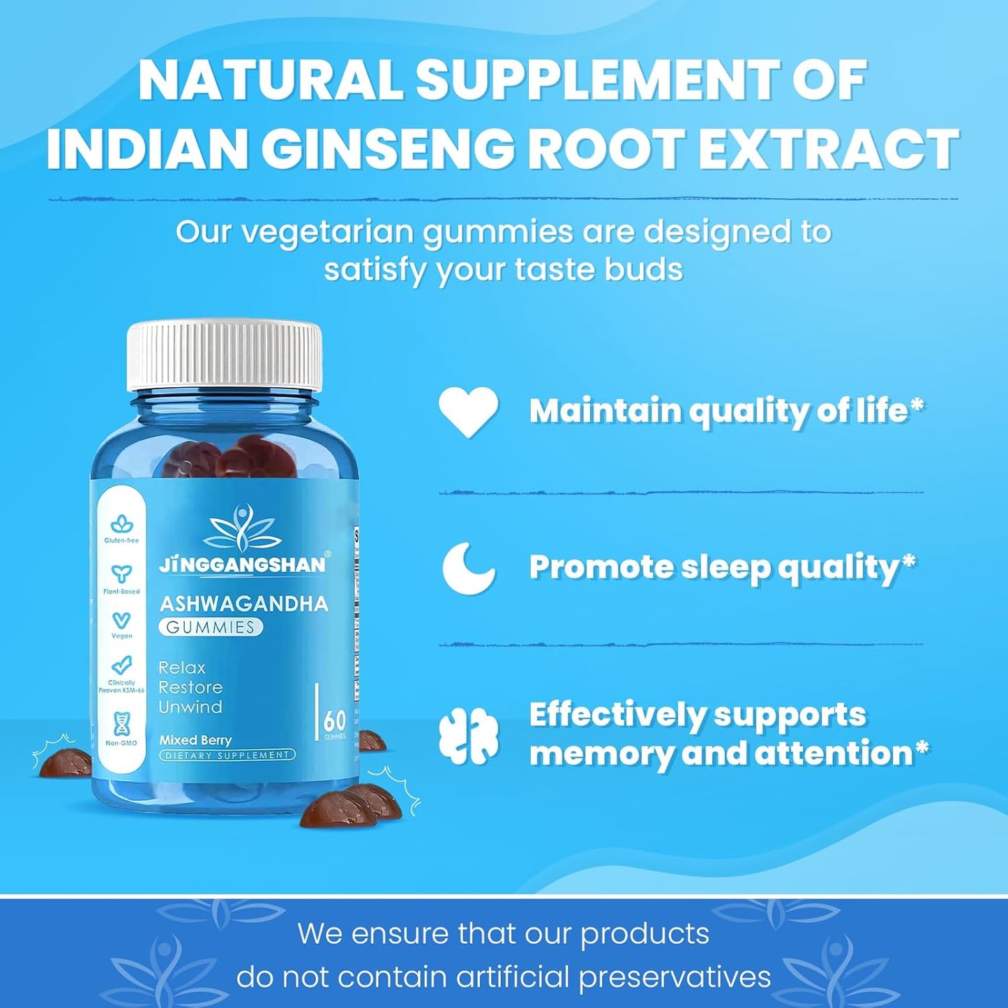 60 Count Mixed Berry Ashwagandha Gummies KSM-66 - Vegan & Gluten-Free Relaxation Supplement with Organic Ashwa Root Extract - Non-GMO & Plant Based for Immune Support