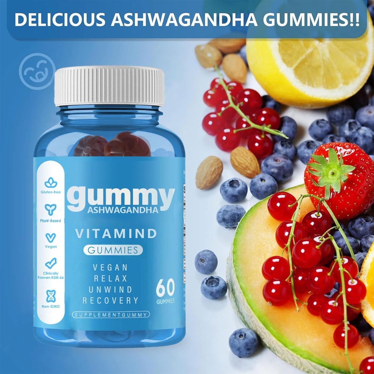 60 Count Mixed Berry Ashwagandha Vitamin D Gummies with KSM-66 - Vegan, Plant Based, Non-GMO, Gluten-Free & Gelatin Free Relaxation Supplement