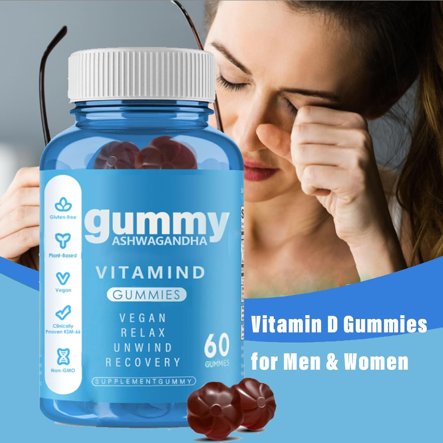 60 Count Mixed Berry Ashwagandha Vitamin D Gummies with KSM-66 - Yanjiayi Ashwagandha Gummy Supplements