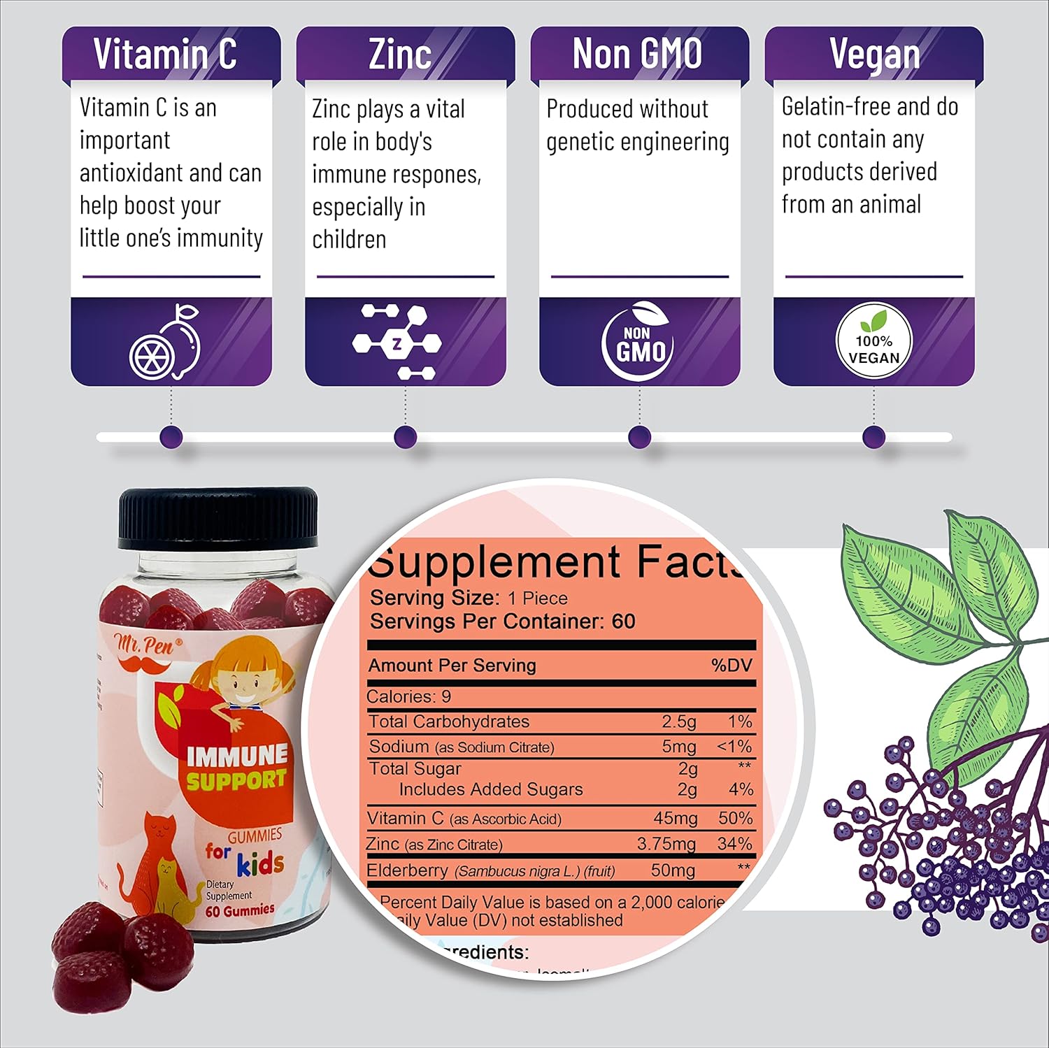 60-Count Mr. Pen Elderberry Vitamin C Zinc Gummies for Kids - 2 Month Supply | Immune Support Gummies for 4+ Years - Low Sugar, Non-GMO, Vegan, Gluten Free